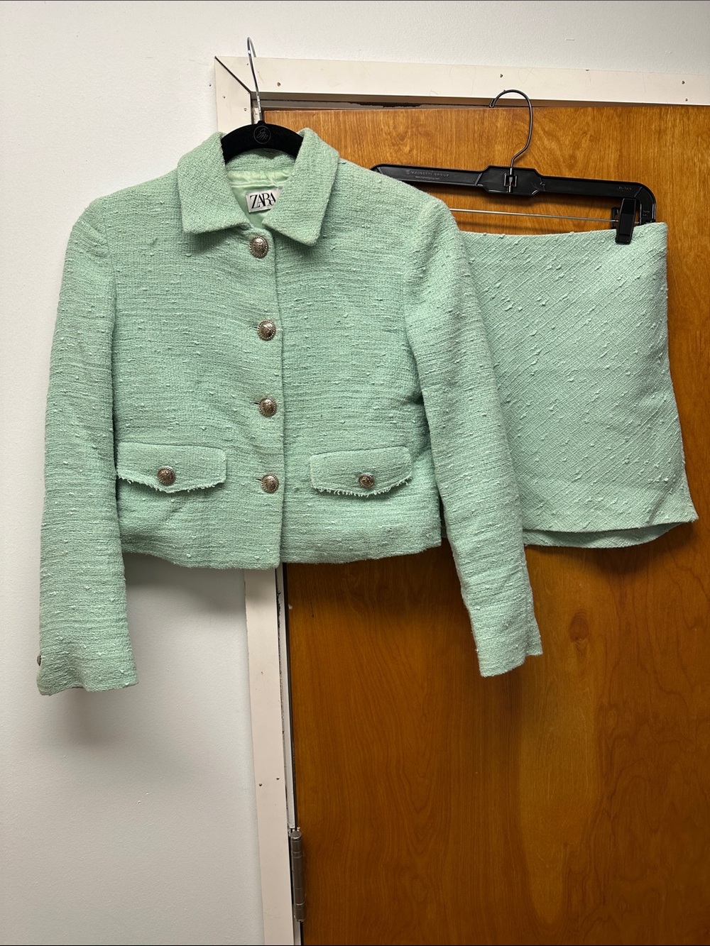 Zara Mint Tweed Cropped Blazer and Mini Skirt Set